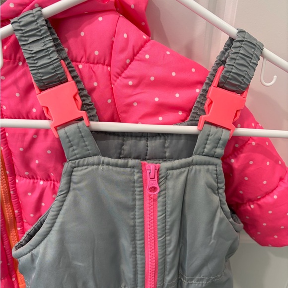 USED 24mo girls puffy snowsuit, Carter’s, pink/gray winter jacket & overalls - Picture 8 of 16